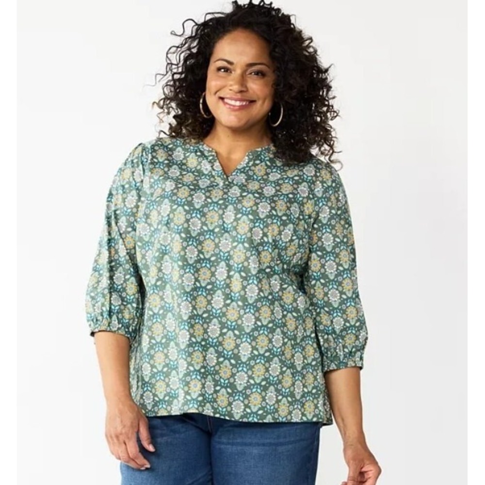 Croft & Barrow Print Splitneck 100% Cotton Top Blouse Size 1X A008163
